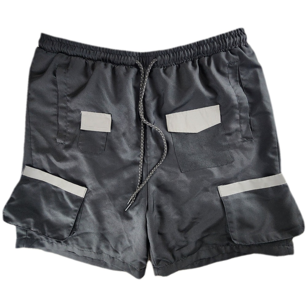 Reason Mens Cargo Swim Shorts Large Black Reflective Techwear Beach Trunks